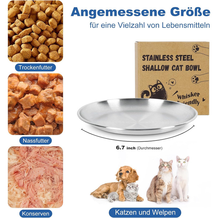 Набори мисок для котів 4 шт. з нержавіючої сталі, проти ковзання, для вологого та сухого корму, 17 см, без зачепів для вусів