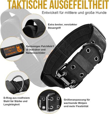 Нашийник для собак OneTigris 5 см з ручкою та патчем, чорний, розмір L