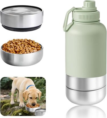 950 мл 3-в-1 Поїльник для собак, ізотермічна сталева фляга з мисками для їжі та води, для подорожей та активного відпочинку (зелений, L)