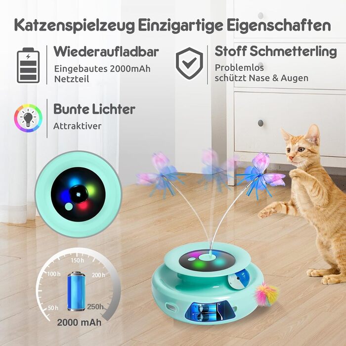 Інтерактивна іграшка для котів GoldenSun 3-в-1: Whack-A-Mole, метелик, м'ячик. USB, 6 насадок, A-білий (зелений)