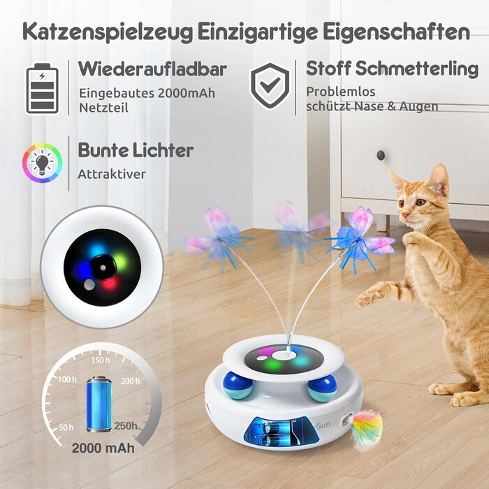 Інтерактивна іграшка для котів GoldenSun 3-в-1: Whack-A-Mole, метелик, м'ячик. USB, 6 насадок. Білий колір