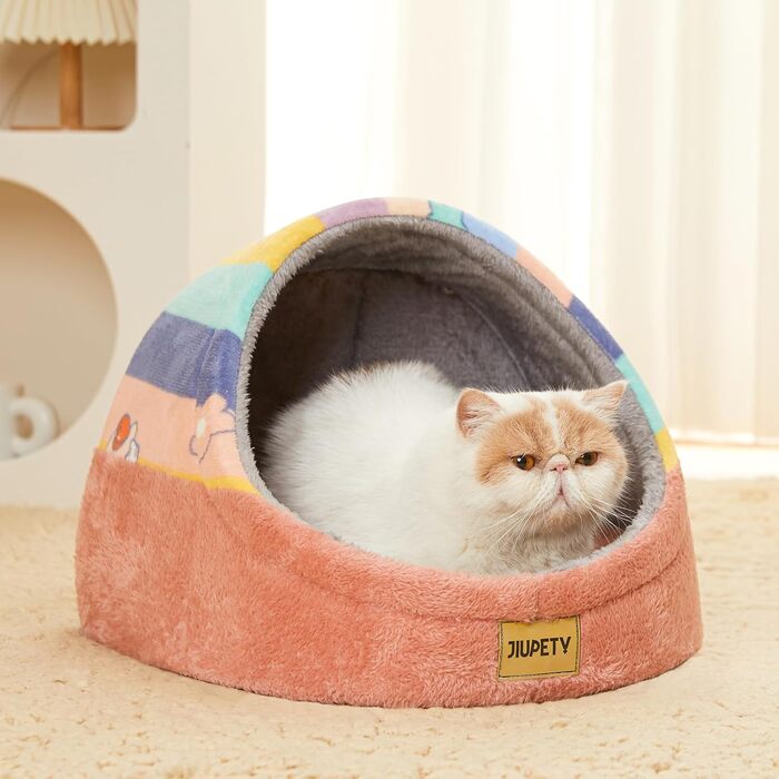 Jiupety Будиночок для котів, кошик-ліжко з нековзким дном, знімна та прана подушка, розмір M, 41×41×33 см, райдужний колір