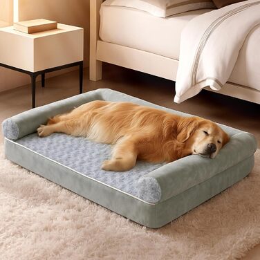 Ортопедичне ліжко для собак 90x65x18 см, сірого кольору - зручне собаче ліжко з бортиками, м'який дизайн з рожевими квітами, знімний та пральний чохол, неслизьке та водонепроникне покриття, підходить для собак середніх розмірів (L 90 x W 60 x H 18 см)