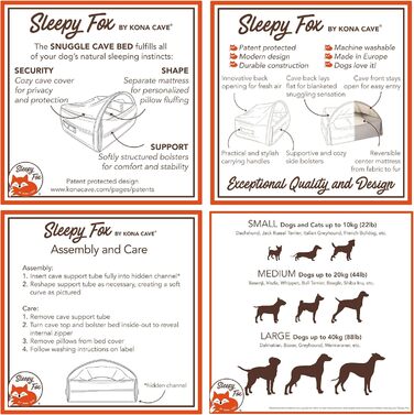 Sleepy Fox® Преміум ліжко-печера для собак та котів - нагороджений, запатентований дизайн (Сірий, стеганий, розмір Medium: 85x75x55 см)