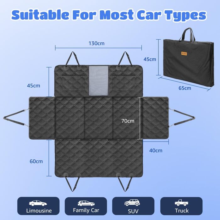 Автоматичний килимок для собак Nobleza з жорсткою основою, 164x131 см, чорний. Захист заднього сидіння авто, вологостійкий, антиковзкий, універсальний розмір