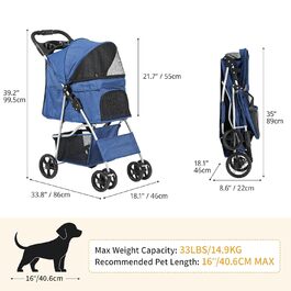 Візок для собак та котів DWVO, 15 кг, складання, з сітчастими віконцями та тримачем для напоїв, кошиком для зберігання (Блакитний)
