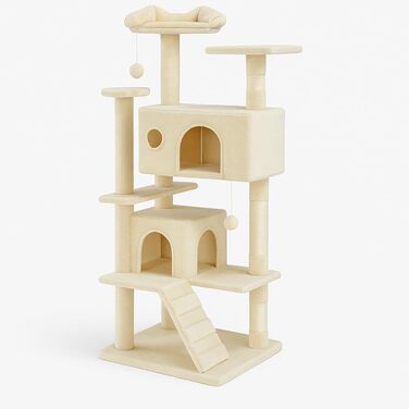 Дерев'яний комплекс для котів DUMOS з годівницею, 135 см, з сизалю, кігтеточка, ігровий центр для котів будь-якого віку (бежево-білий)