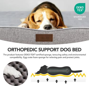 Ортопедичний лежак для собак середнього розміру, лежанка-матрац знімний водовідштовхуючий, з антиковзною основою, розмір M (76,2 x 50,8 x 7,6 см), сірий