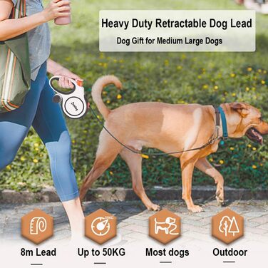 Еластична повідка для собак Dotolog, висувна, до 8 м, для собак середніх та великих порід (до 50 кг), чорна