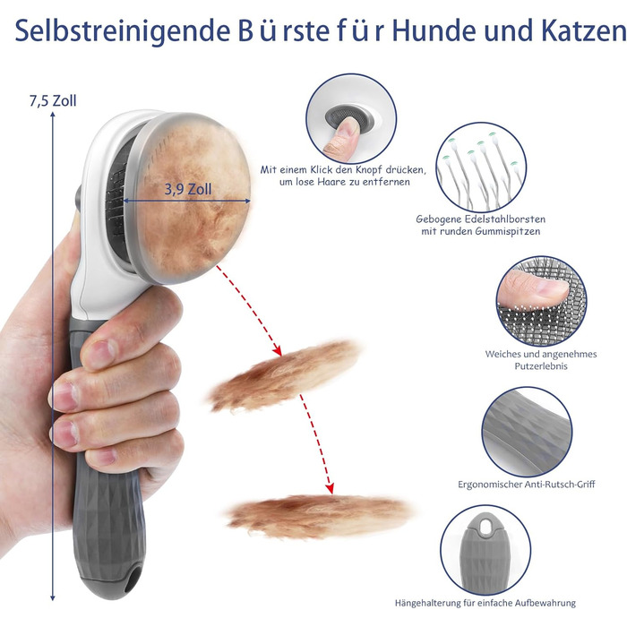 Набір щіток для собак, 5 шт., для догляду за шерстю, самоочищувані, для великих та середніх собак, котів та дрібних тварин, ідеально підходить для довгої та короткої шерсті, зменшує випадання шерсті (сірий)