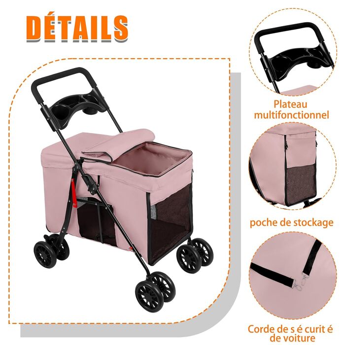 Дитяча коляска для тварин Homewell, рожева, до 20 кг, з сіткою, ременями та тримачем для напоїв