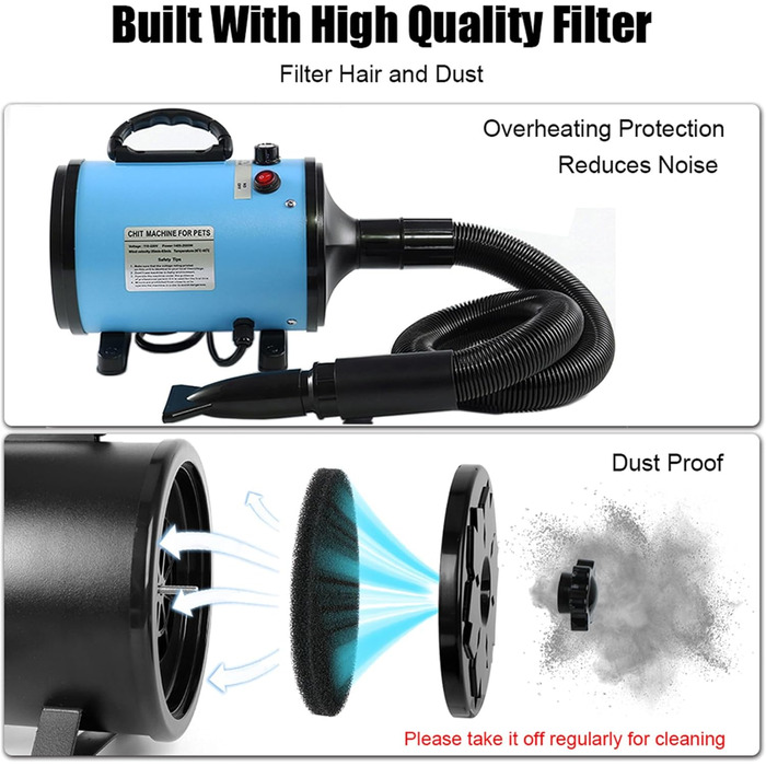 Професійний фен для собак 2800W, регульована швидкість та тепло, 4 насадки, синій