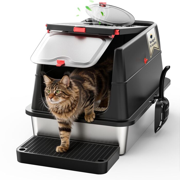 Лоток для котів BEST JAJA XXL з кришкою, нержавіюча сталь, 61.9 × 41.9 × 37 см, чорний
