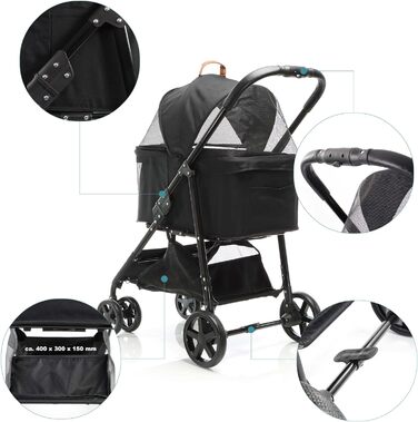 Візок для собак Fudajo 2в1, чорний, складна конструкція, з сумкою для тварин, до 20 кг, для собак та котів