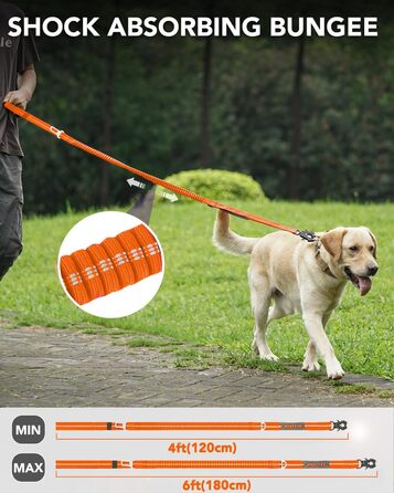 Тактична повідок для собак Joytale, 1.2м-1.8м, еластична (bungee), з 2 м'якими ручками, автофіксатор, без натягу для собак середніх, великих та екстра-великих порід, помаранчевий колір