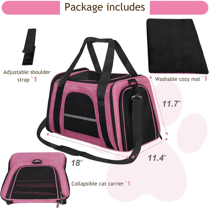 Транспортна сумка для котів HiCaptain, складана, з плечовим ременем, м'яко стьобана, переноска для маленьких собак/щенят до 7 кг (рожева), 46 x 29 x 30 см
