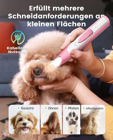 Триммер для собак Oneisall: безшумний, акумуляторний, з LED-підсвічуванням для догляду за лапами, очима, вухами та обличчям (зелений, рожевий)