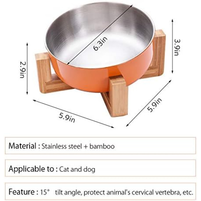 Миска для кормів домашніх тварин La La Pet, годівниця для собак та котів, нержавіюча сталь, бамбук, помаранчевий колір, одиночна миска