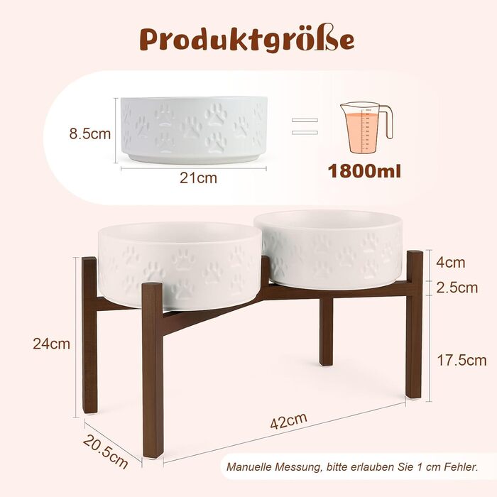 Миска для собак SpunkyJunky з кераміки, подвійна, на підставці з акації, 1800 мл, біла