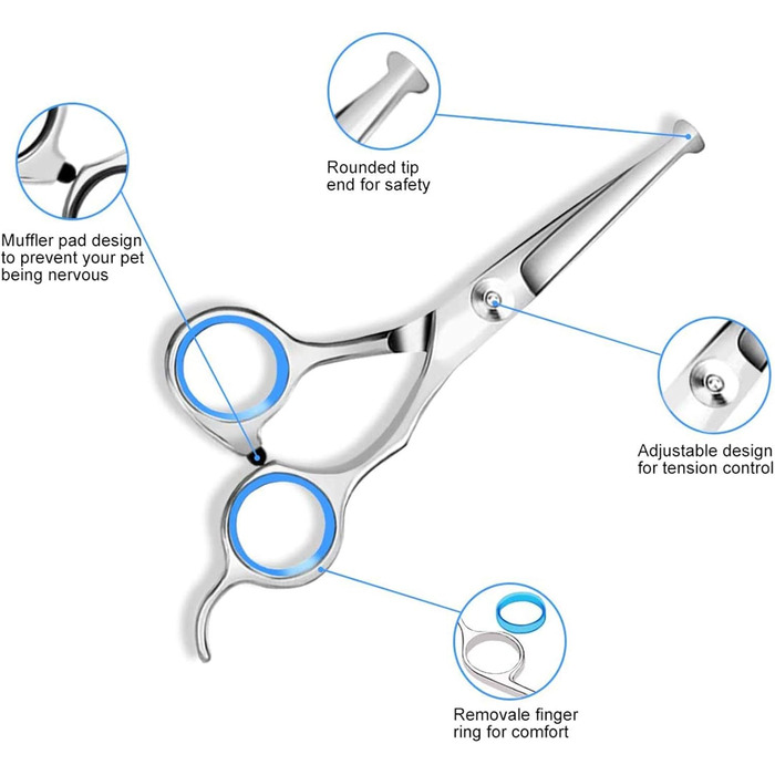 Набір професійних ножиць для грумінгу собак 9CR Edelstahl з безпечними закругленими кінцями. Комплект для стрижки та догляду за шерстю собак, котів та інших тварин. Включає ножиці для вирівнювання та розрідження шерсті, а також гребінець.