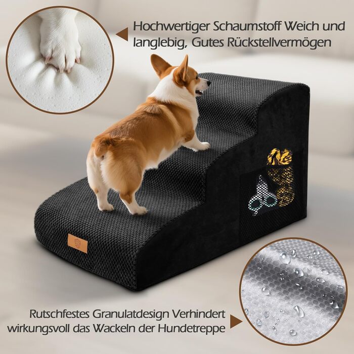 Сходинка для собак Eukue 3 сходинки, для маленьких собак та котів, портативна рампочка для ліжка та дивану, з високощільним шаром піни та чохлом, чорного кольору