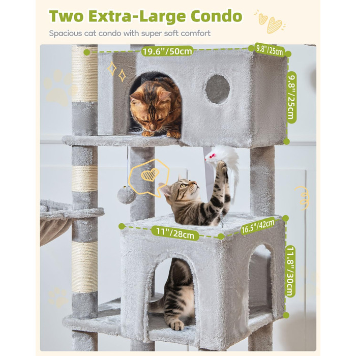 Кігтеточка для котів Taoqimiao 193 см, велика, XXL, з будиночками, гамаком, платформами та 8 стовпчиками для заточування кігтів, сірого кольору MS046W