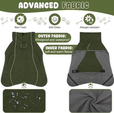 Водонепроникна куртка для собак HezzLuv, світловідбиваюча, вітрозахисна, тепла зимова куртка з м'яким флісовим підкладкою для собак маленьких та великих порід, для активного відпочинку на природі, кемпінгу та походів у холодну погоду (M(спина: 50см), армі