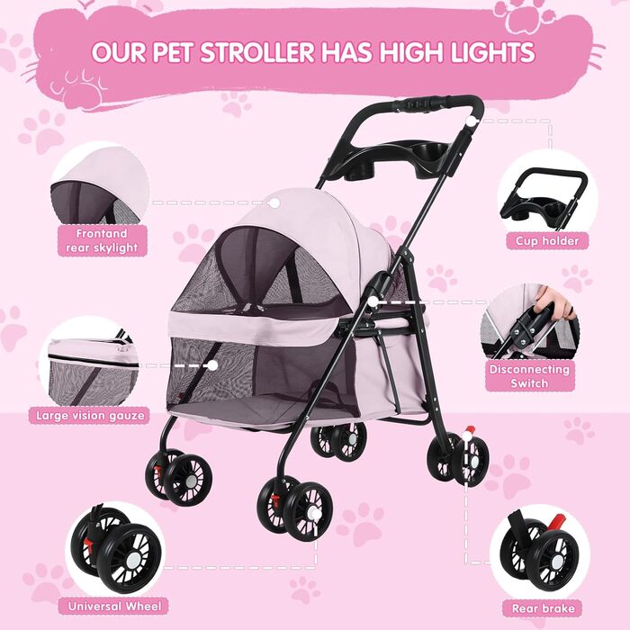 Візок для тварин для маленьких собак та котів, складної конструкції, з 4 колесами, легкий, з дихаючим мережем та тримачем для напоїв, для котів та собак до 7,5 кг (рожевий)