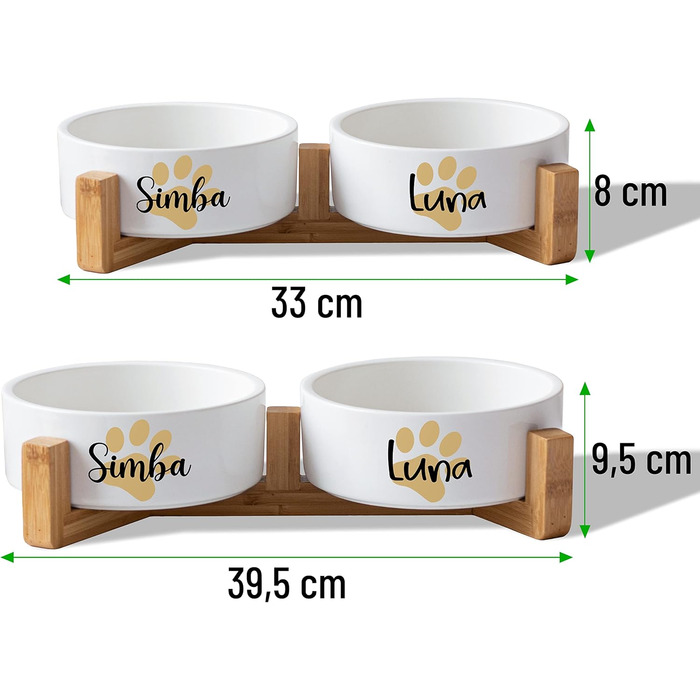 Керамічний двомісний набір мисок з іменем або текстом для собак та котів 'Велика лапа' - персоналізований набір мисок з/без підставки | Миска для собак, годівниця, миска для котів | Годівниця (2x 1300 мл, стійка)