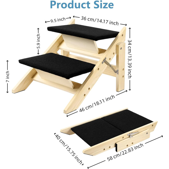 Двостороння дерев'яна пандус для собак з 2 сходинками, 58 см - пандус та сходи для маленьких та середніх собак