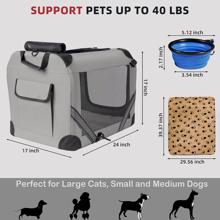 Petprsco Велика переноска для котів і собак, 61x43x43 см, з теплою ковдрою, складаною мискою та м'якою підстилкою, для подорожей