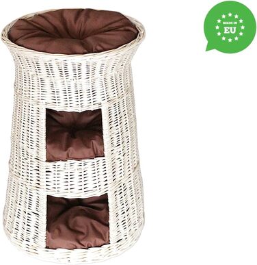 Кігтеточка-ліжко для котів: кругла хатинка з ротанга, триярусне ліжко для собак та котів, колір - білий, з коричневою подушкою