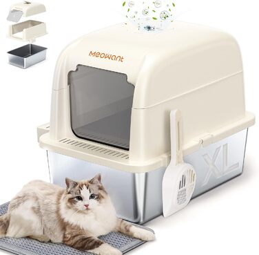 MeoWant туалет для котів з нержавіючої сталі, 152,4 см, великий, відкритий/напіввідкритий, закритий 3-в-1, для великих котів, з контролем запаху, високі борти, білий