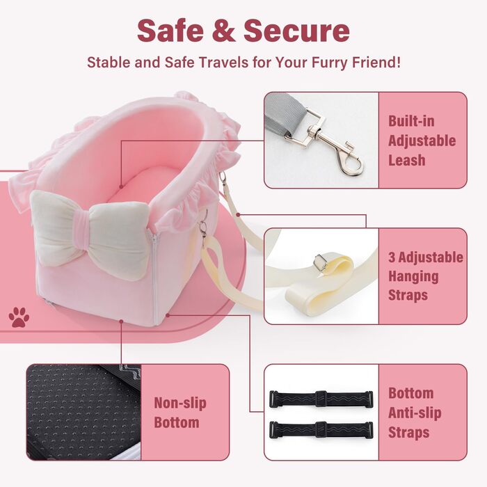Автокрісло для собак Jaoul - зручне, з регульованими ременями, для маленьких собак, рожеве