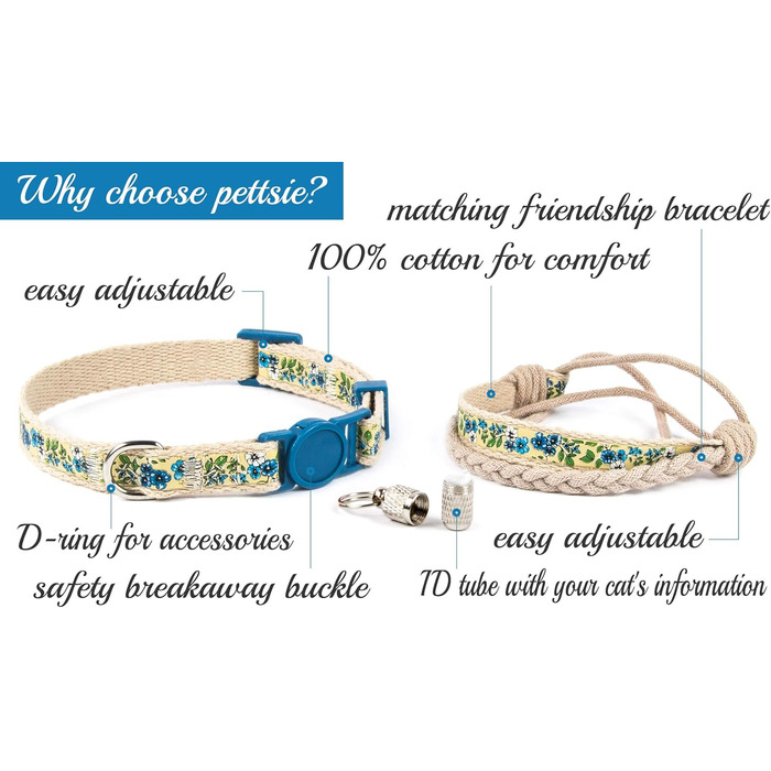 Нашийник для кота Pettsie з безпечною застібкою та браслетом дружби, міцна бавовна, D-подібне кільце для аксесуарів, регульований розмір 19-29 см (19-29 см, блакитний)