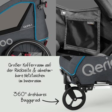 Причіп для велосипеда Qeridoo QUPA 1 з листковою підвіскою, складаною кабіною, розширюваним сидінням, візок-причіп, регульована ручка, 5-точкова система ременів безпеки, для 1 дитини, блакитний