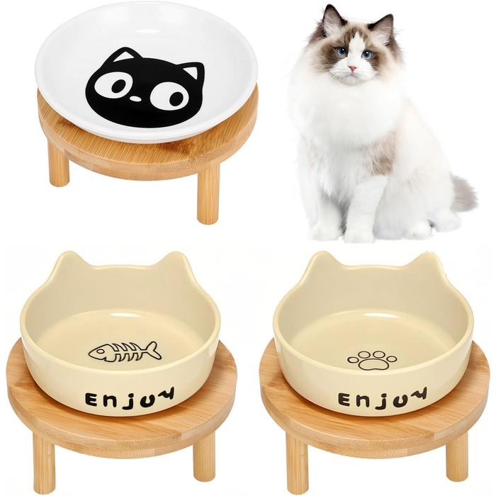 Миски для котів підняті, широкі миски з кераміки на підставці з бамбука для домашніх тварин, миски для корму або води, зручні для вусів, для маленьких собак та кошенят в приміщенні (білі (2 шт.)), (жовті (3 шт.))