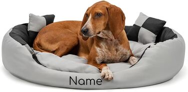 Крісло-ліжко для собак та котів Lionto 4-в-1 з водовідштовхувальною підстилкою Oxford, 85x70 см, міцне, з глибоким входом, сіре/чорне (з написом)