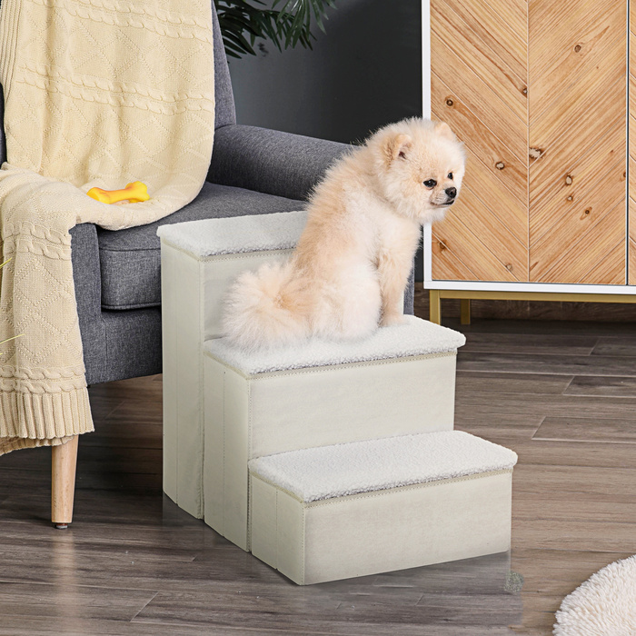 PawHut Pet Stairs Складні сходи для кішок Сходи для собак 3 сходинки з місцем для зберігання для кішок і собак МДФ білий 40x54x48см