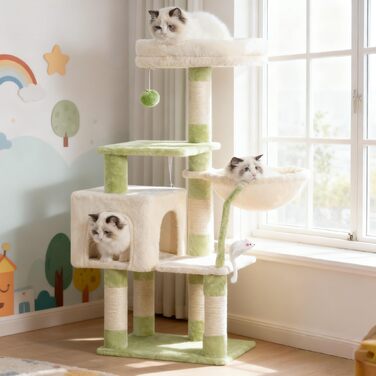 Комплекс для котів Heybly Kratzbaum HCT004SW: Дряпка-будиночок з іграшками, лежаком та сизалевими стовпчиками (43.3 см, зелено-бежевий)