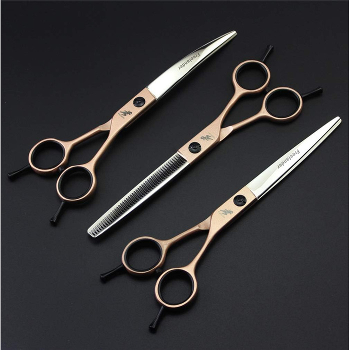 Набір професійних ножиць для грумінгу домашніх тварин (3 шт.) з нержавіючої сталі. Прямі, фінішні та зігнуті ножиці для тіла, обличчя, морди та лап.