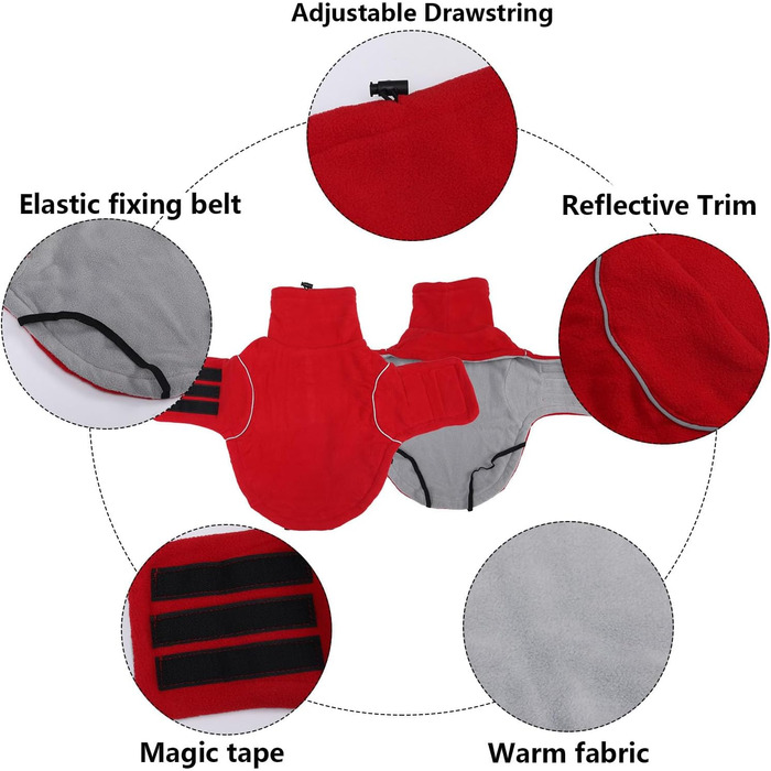 Теплий флісовий пуловер для собак, теплий теплий наряд для такс, тепла куртка та одяг для собак з отвором для повірця, відбиваюча мініатюрна одяг для такс на зиму, для холодної погоди, для дому, XS (довжина спини: 31-33 см), червоний