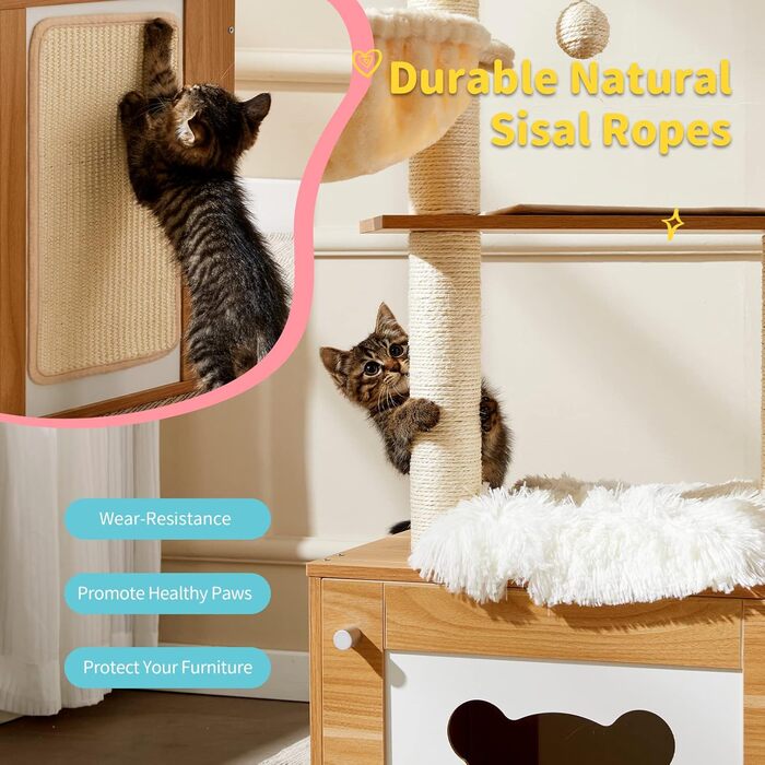 Made4Pets Котячий комплекс з туалетом, 2-в-1 сучасний котячий будиночок для кімнатних котів, 123,4 см, дерев'яний кондо з дряпаком, гамаком і знімною килимкою для великих котів