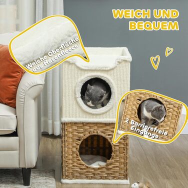 Котячий будиночок PawHut 75,5 см: триповерхова когтеточка з плюшевим облямівкою, подушкою та печереєю для котів середнього розміру, кремово-білий