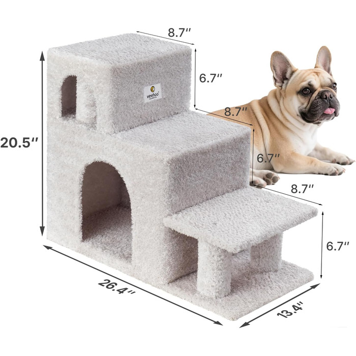 Сходинки для собак Veehoo: 3 сходинки, ліжко, печеринка, для старих котів та собак, до 45 кг, сірий, 67x34x52 см