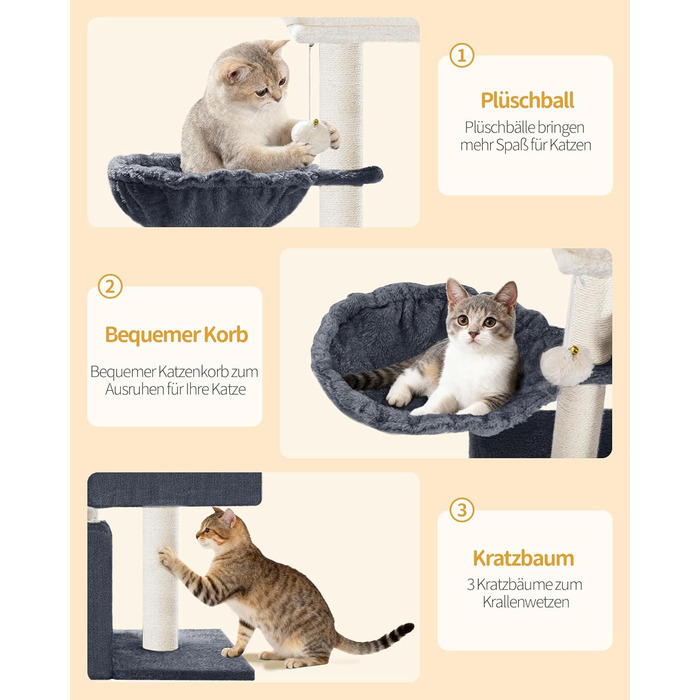 Дерево для котів Hzuaneri, 75 см, зі стійкою конструкцією, великою лежанкою, котячою печеркою, сизалевими стовпчиками, кошиком та іграшками, сірий колір