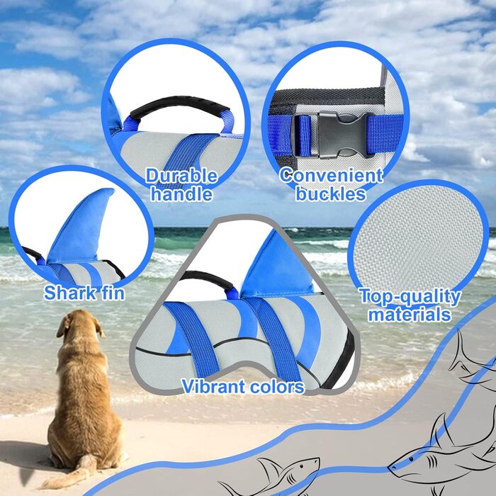 Шкіряний жилет для собак Fragralley з принтом акули, сірий, для плавання та катання на човні, X-Small