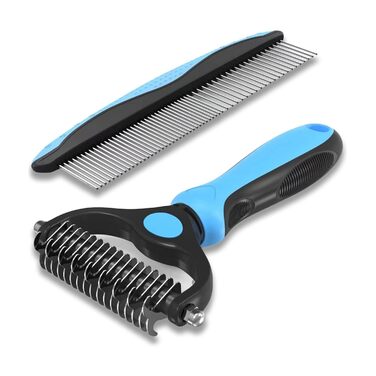 Професійна щітка для собак та котів 2 шт., з нержавіючої сталі, TPR-ручка, 2-в-1 розпушувач та вичіска для собак та котів – видаляє відмерле волосся, ковтуни, вузли (Блакитна)