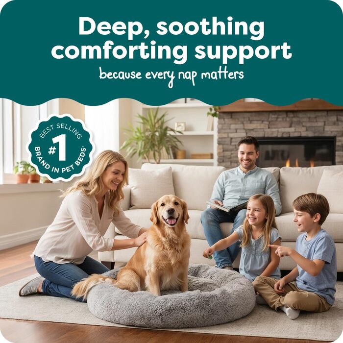 Кругла лежанка для собак Furhaven 45' XL Donut з м'якого штучного хутра, заспокоююча, знімний чохол, сірий, 114 x 114 x 23 см