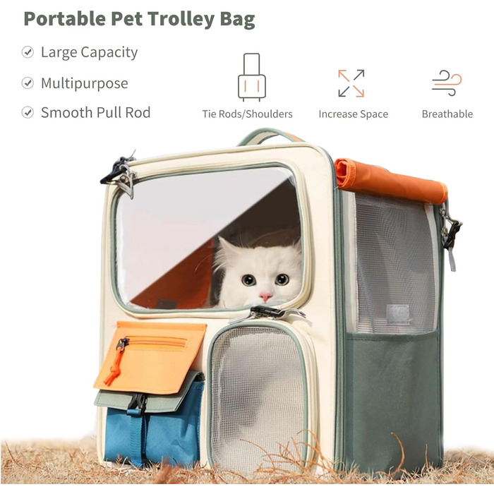 PETCUTE Рюкзак для собак з візком, 2-в-1, рюкзак для котів великих порід з колесами, дихаючий рюкзак-переноска для собак з вийманим килимком, складаний рюкзак для тварин для цуценят Бежевий+Зелений